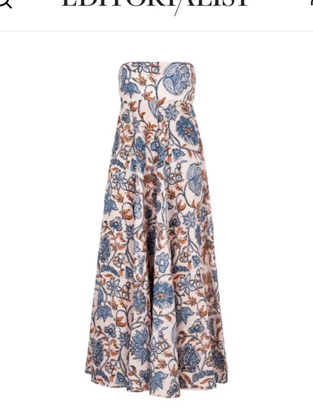 Zimmermann Strapless Floral A-Line Dress in Blue and Tan